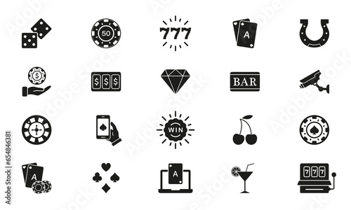 Play Gambling Game Black Silhouette Sign. Casino and Poker Solid Icon Set. Bet Lottery, Jackpot 777 in Vegas Symbol Collection. Betting Poker, Casino, Gamble Game Pictogram. Vector Illustration