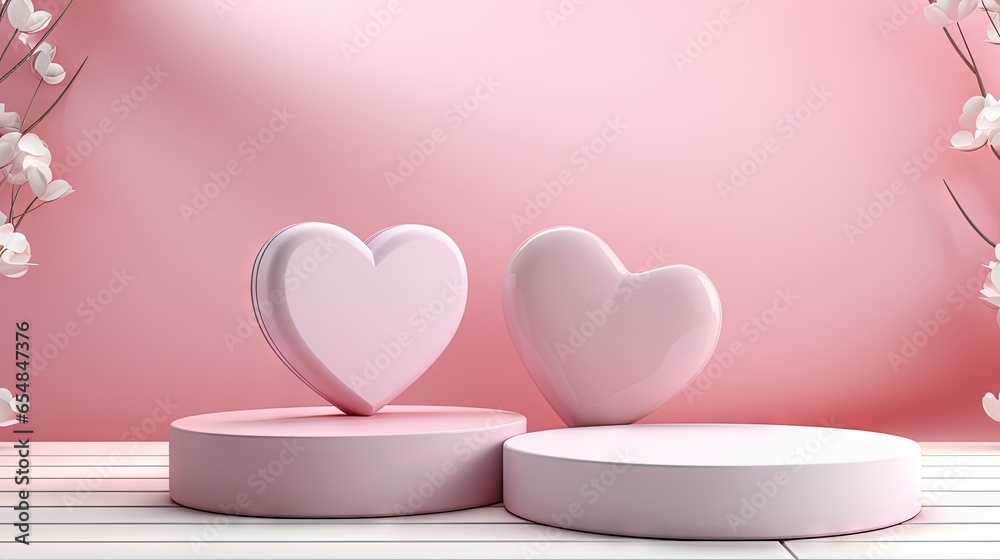 Valentine s Day display with heart shaped 3D podiums featuring pink and white colors