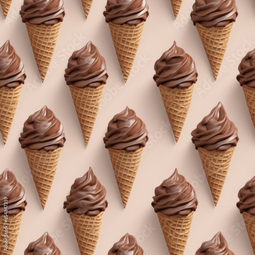 Photorealistic seamless pattern with ice cream in a waffle cone. Chocolate ice cream.