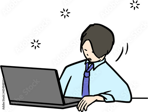 パソコンを前にうとうとするスーツ男性のイラスト