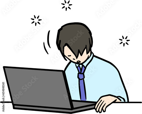 pc前でうとうとするスーツ男性のイラスト