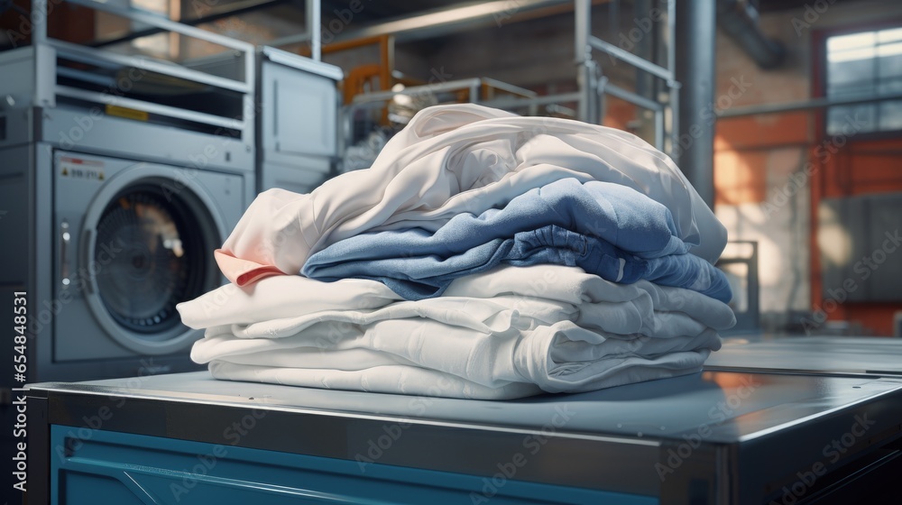 Industrial washing machines in a factory with a stack of clean bed sheets - obrazy, fototapety, plakaty 