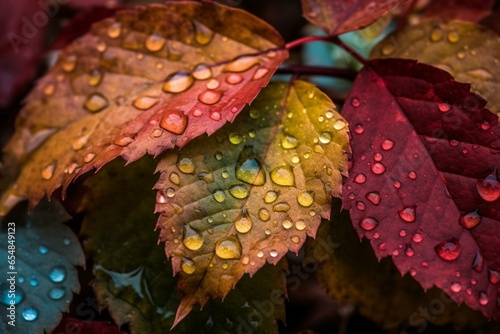 Close-up of vibrant leaves adorned with rain droplets, capturing the essence of autumn. Ideal for banners, wallpapers, or seasonal backdrops. Generative AI
