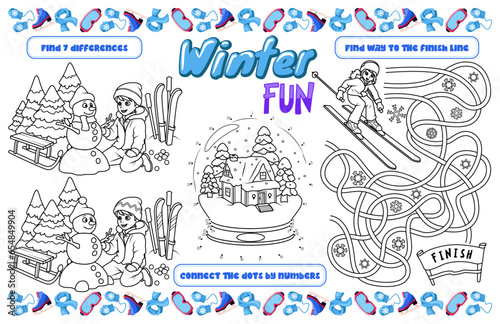 Festive placemat for children. Printable activity sheet "Winter fun" with a labyrinth, connect the dots, and find the differences. 17x11 inch printable vector file