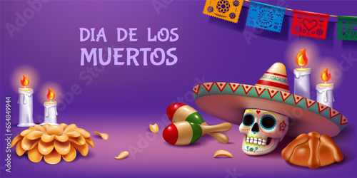 Dead day. Dia de Muertos. 3D Mexican Halloween banner design. Maracas and sombrero hat. Honor of skull. Catrina bones. Holiday celebration. Carnival in Mexico. Vector render background