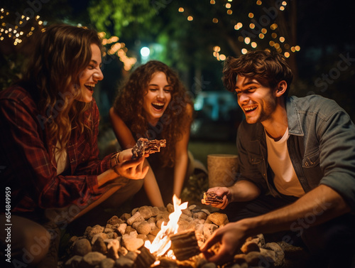 A Photo of Friends Having a S'mores Making Session Around a Fire