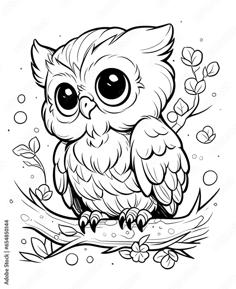 Black and white illustration for coloring birds, owl.