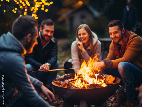 A Photo of Friends Roasting Marshmallows in a Backyard Fire Pit