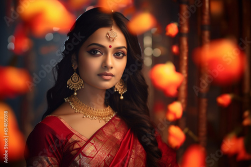 A photo of a woman wearing a traditional nine yard saree from the state of maharashtra in india on the festival of diwali, diwali celebration photo