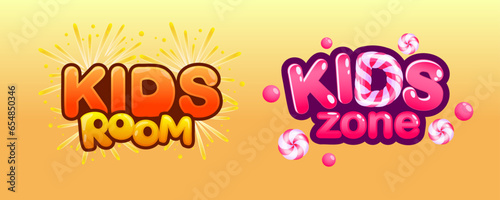 Play room logo. Kids zone cartoon banners. Baby entertainment area. Bonbon candies and firework design. Children club. Playroom header. Amusement park. Vector playground funny stickers set