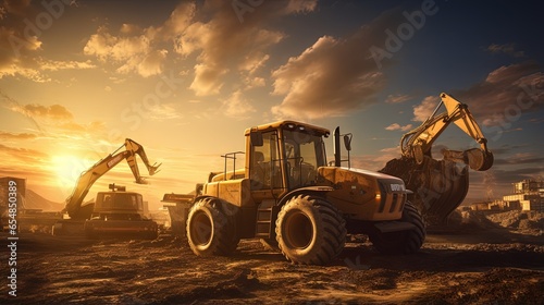 Construction machinery including tractors and an excavator in the morning sunlight photo
