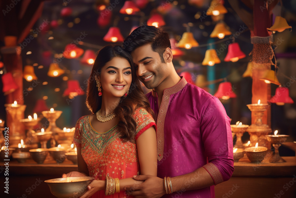 A picture of a beautiful indian couple wearing traditional clothes to celebrate diwali, diwali celebration image