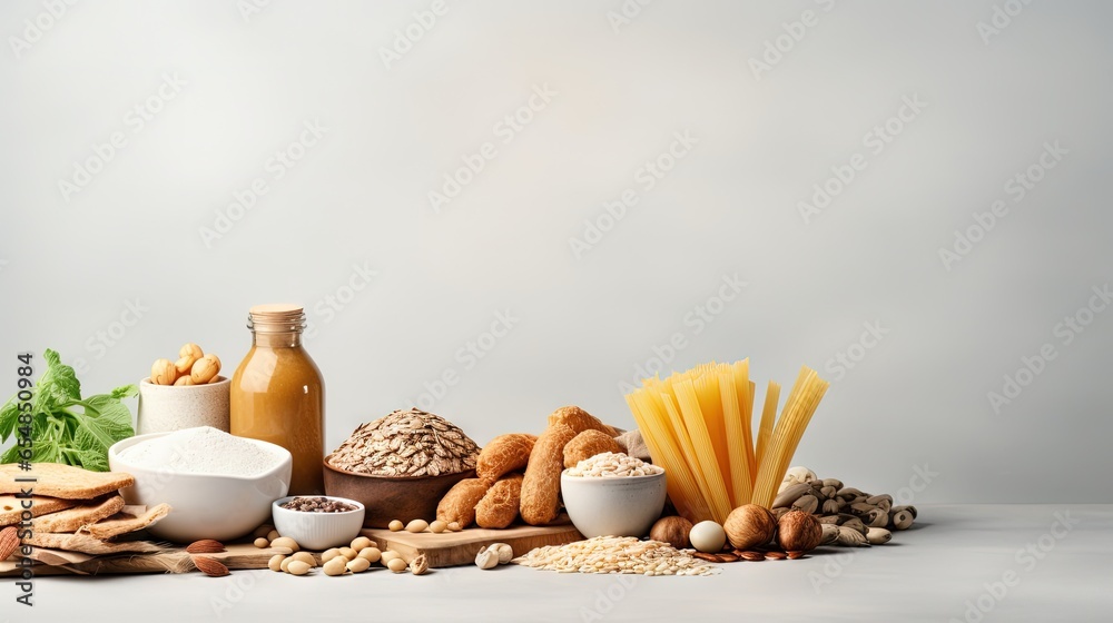 Healthy food concept with best sources of carbs on light gray background offering copy space and a panorama view - obrazy, fototapety, plakaty 