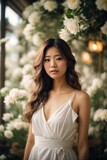 Portrait of beautiful asian woman with white flowers in the garden.