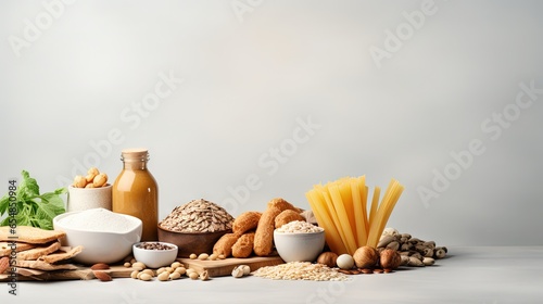 Healthy food concept with best sources of carbs on light gray background offering copy space and a panorama view