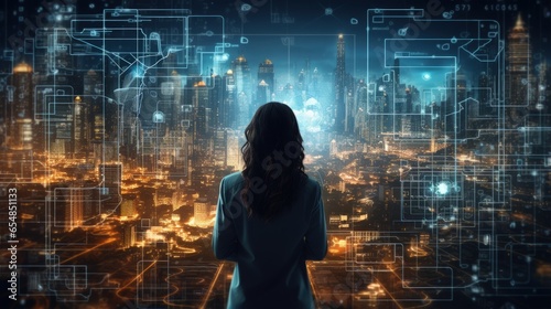 Futuristic metaverse city with AI robots digital technology and cybersecurity