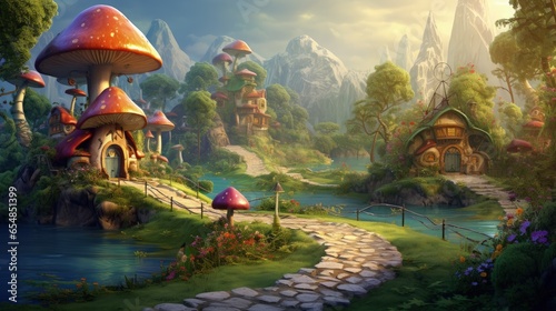 Illustration of a fantasy village in a magical forest landscape with whimsical houses and fairies photo