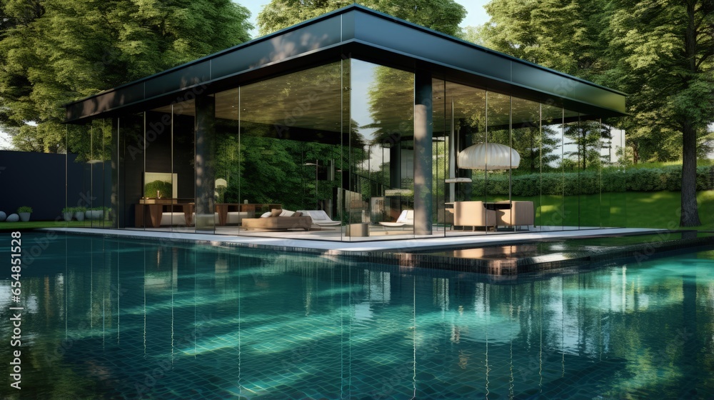 Glass covered swimming pool with green lawn and chairs surrounded by trees