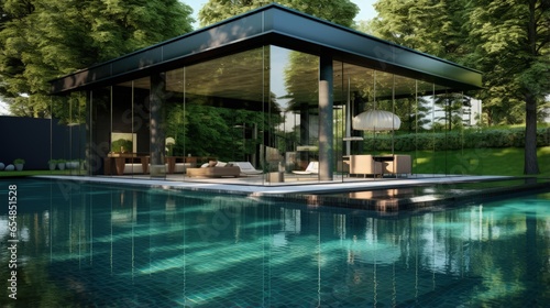 Glass covered swimming pool with green lawn and chairs surrounded by trees