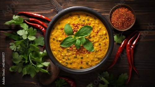 Authentic Indian dish Spicy lentil curry served in a bowl with rustic black wooden background Top view Overhead Banner photo