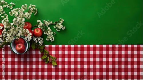 Bavarian concept Green spring background with a red checkered tablecloth