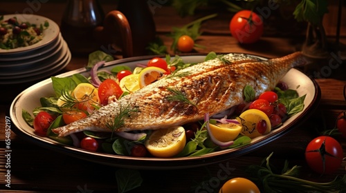 Grilled fish with salad on ...