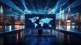 Cybersecurity surveillance data analytics worldwide coding GDPR HTML hacking satellite software development global map night computer screen