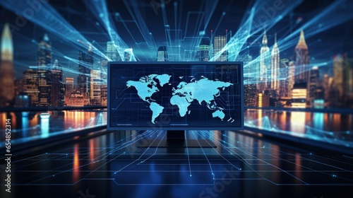 Cybersecurity surveillance data analytics worldwide coding GDPR HTML hacking satellite software development global map night computer screen