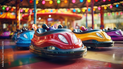 Selective focus on the vibrant bumper cars in the amusement park s fairground autodrom photo