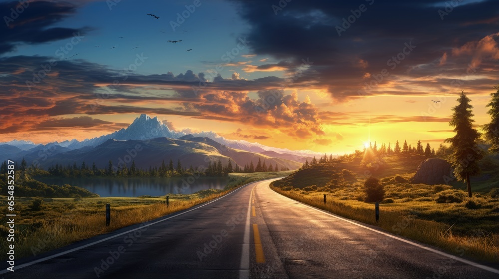 Road with picturesque landscape and sunrise