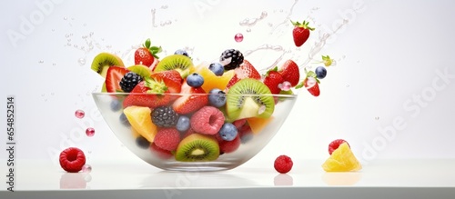 Fresh fruits flying in a bowl Salad with airborne fresh fruits with copyspace for text