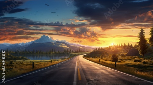 Road with picturesque landscape and sunrise