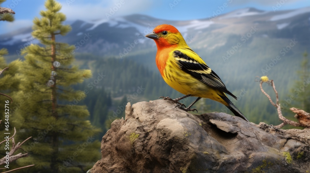 Fototapeta premium Western Tanager on rocky hill in Crater Lake Park