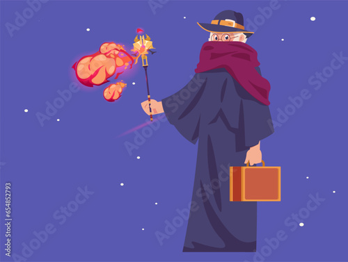 Cartoon wizard. Senior sorcerer. Merlin with staff and suitcase. Magician traveling. Magical fire spell. Fairytale character. Elderly man. Medieval warlock. Vector fantasy illustration