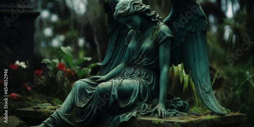 A serene angel statue surrounded by the beauty of nature in a peaceful forest setting