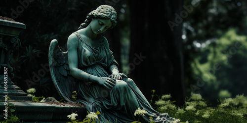 A serene angel statue resting in a peaceful garden setting