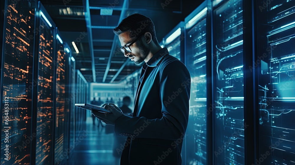 Fototapeta premium Male IT professional examining work on a laptop checking cyber security on an open server rack in the data center
