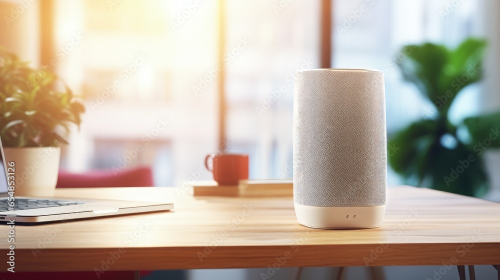 Wireless smart speaker on wooden table near laptop at home Wireless smart speaker on wooden table near laptop at home