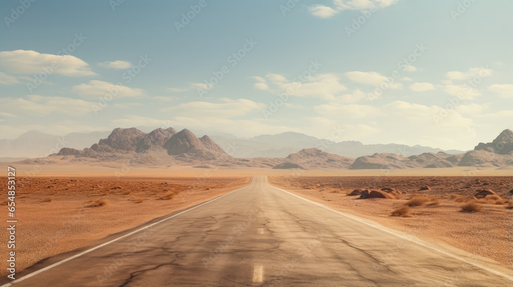 Empty road in the desert depicting textures of asphalt sand street mountain hills landscape and dusty skyline on a sunny summer day Empty road in the desert depicting textures of asphalt sand street mountain hills landscape and dusty skyline on a sunny summer day