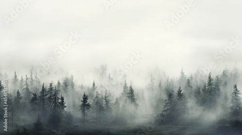 Thick white fog and rain obscure forest hiding tree silhouettes Mist clouds create noise grain texture