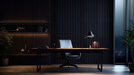 Contemporary home office with product display space low light near window 3D rendering