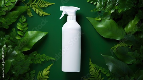 Eco friendly cleaning with safe detergent Eco bottle and green leaves on a green background Top view