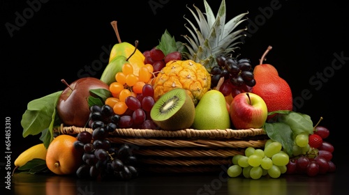 Fresh fruits displayed in a group on a white and black background