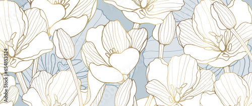 Floral blue background with large golden tulips and buds. Vector luxury background for decor, wallpaper, cards and presentations.