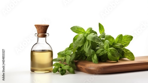Herb and bottle isolated on table representing alternative medicine