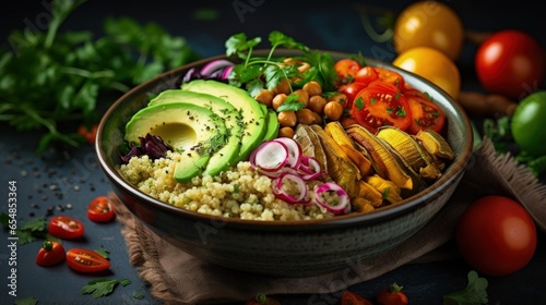 Quinoa and chickpea Buddha bowl promoting vegetarian and vegan cuisine for a healthy lifestyle