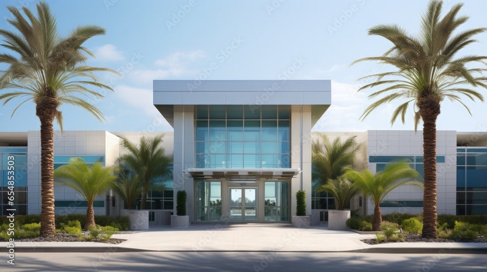 Modern hospital entrance with palm trees and blue sky