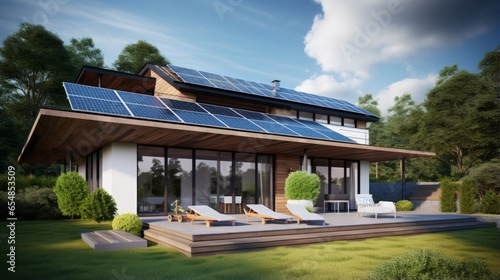 Modern house with 3D rendered rooftop solar panels © vxnaghiyev