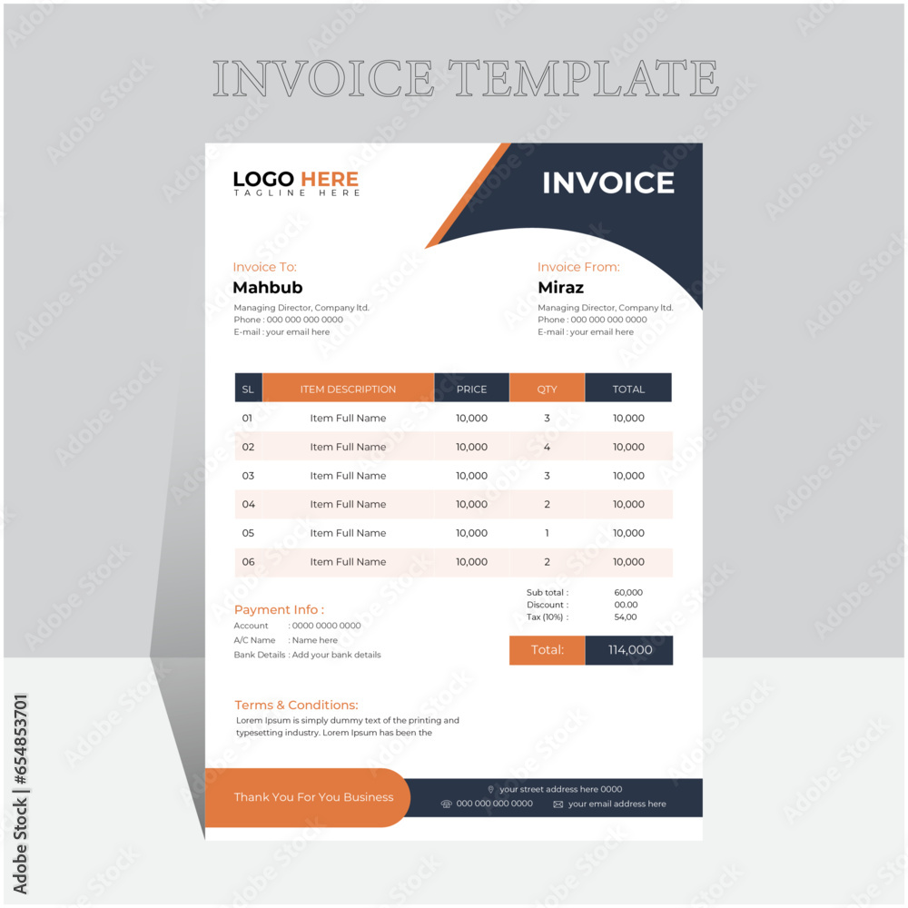 Professional and modern invoice template design,
Corporate Invoice Design, Creative invoice template vector, Business Invoice template,