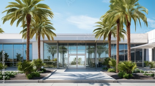 Modern hospital entrance with palm trees and blue sky